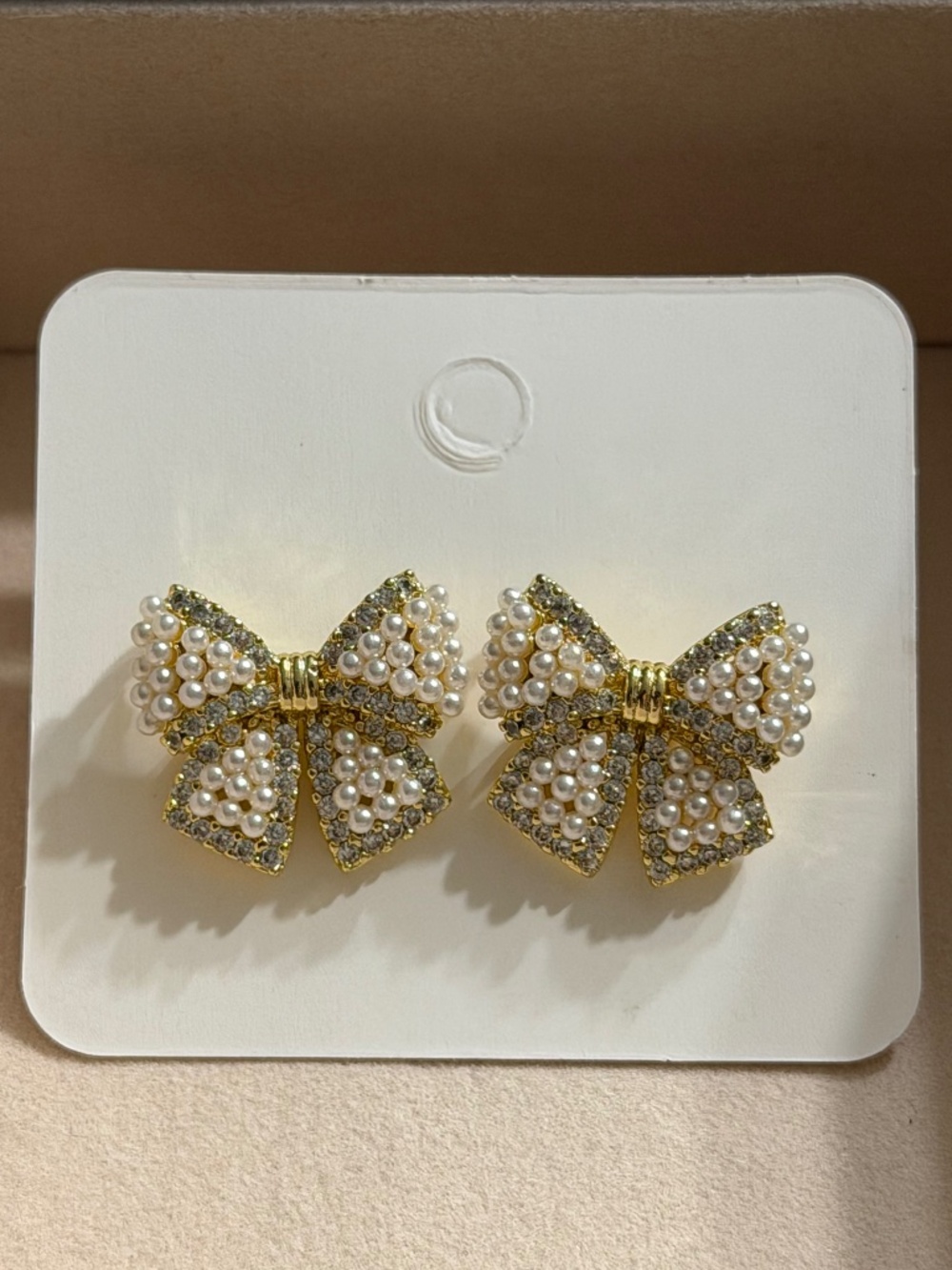 Elegant Golden Bowknot Faux Pearl Rhinestone Stud Earrings